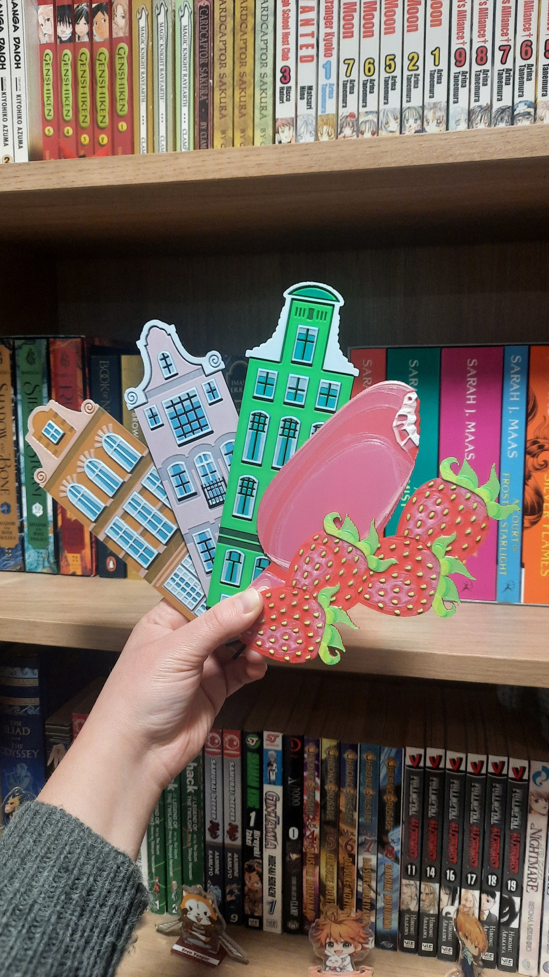 Hand holding plastic bookmarks in front of a bookshelf
